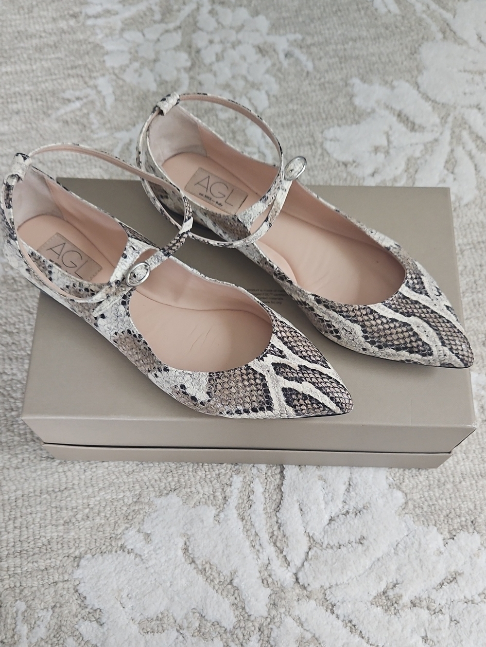 AGL Snake-Print Pointed Flats in Beige and Black with Ankle Strap